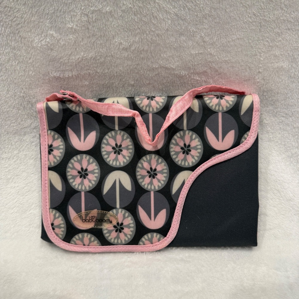 Baby Boom Portable Diaper Changing Pad‎ Floral Grey Pink Travel Clutch Storage